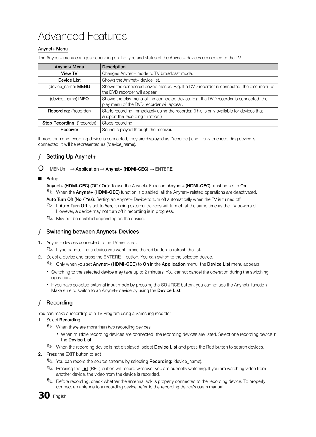 Samsung BN68-02756A-04, LC540-ZA user manual Setting Up Anynet+, Switching between Anynet+ Devices, Recording 