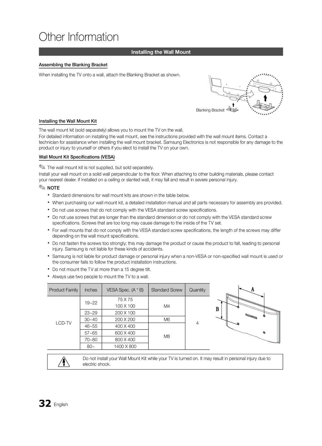 Samsung BN68-02756A-04, LC540-ZA Other Information, Installing the Wall Mount, Product Family Inches, Quantity, 80~ 