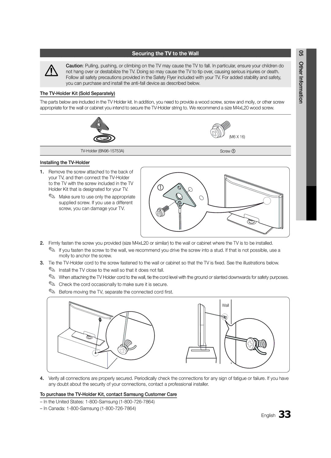 Samsung LC540-ZA, BN68-02756A-04 Securing the TV to the Wall, TV-Holder Kit Sold Separately, Installing the TV-Holder 