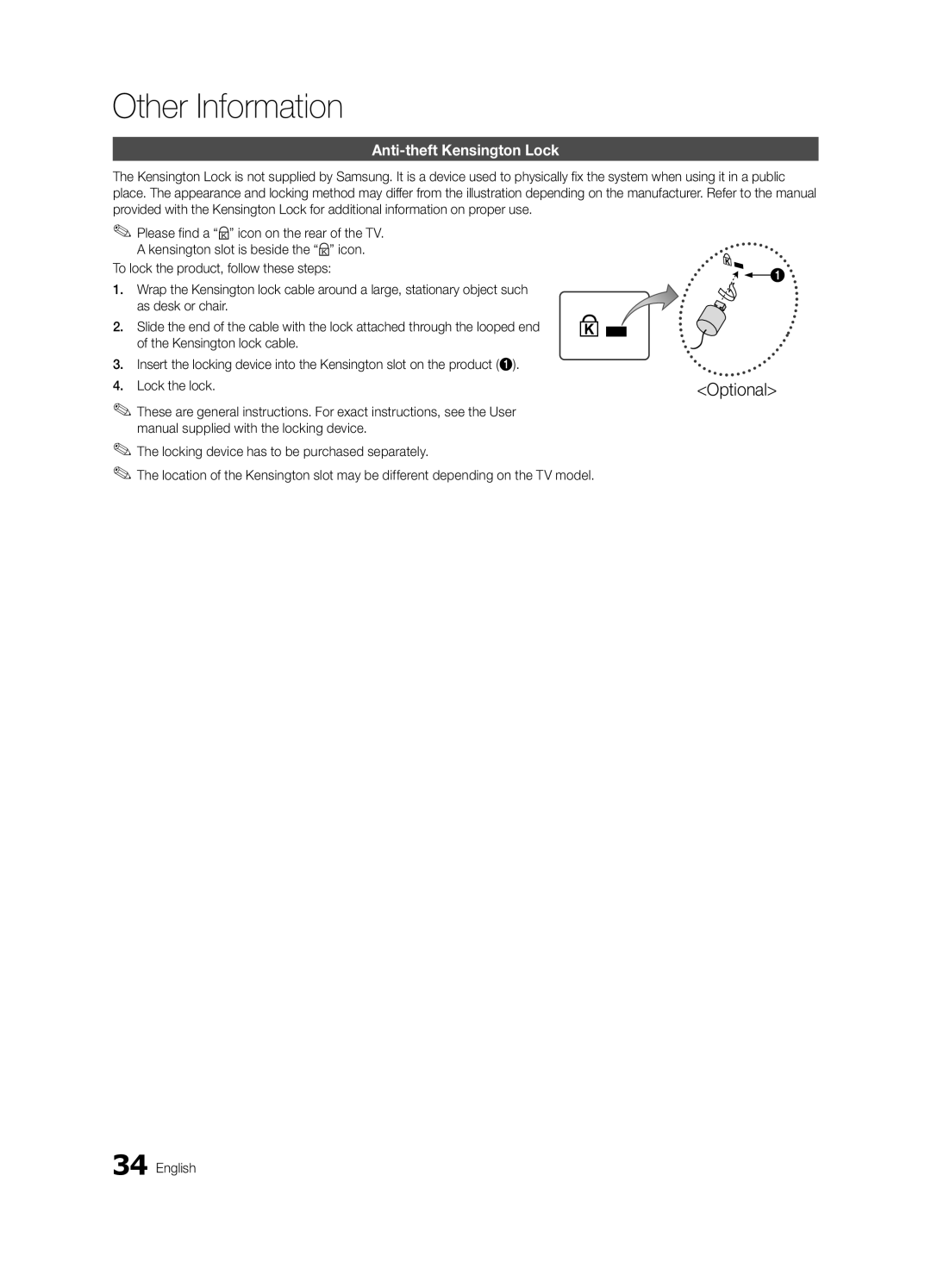 Samsung BN68-02756A-04, LC540-ZA user manual Optional, Anti-theft Kensington Lock 