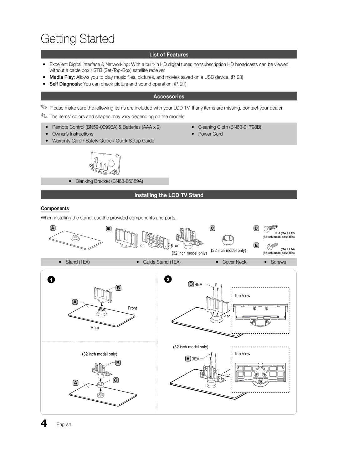 Samsung BN68-02756A-04, LC540-ZA user manual Getting Started, List of Features, Accessories, Installing the LCD TV Stand 