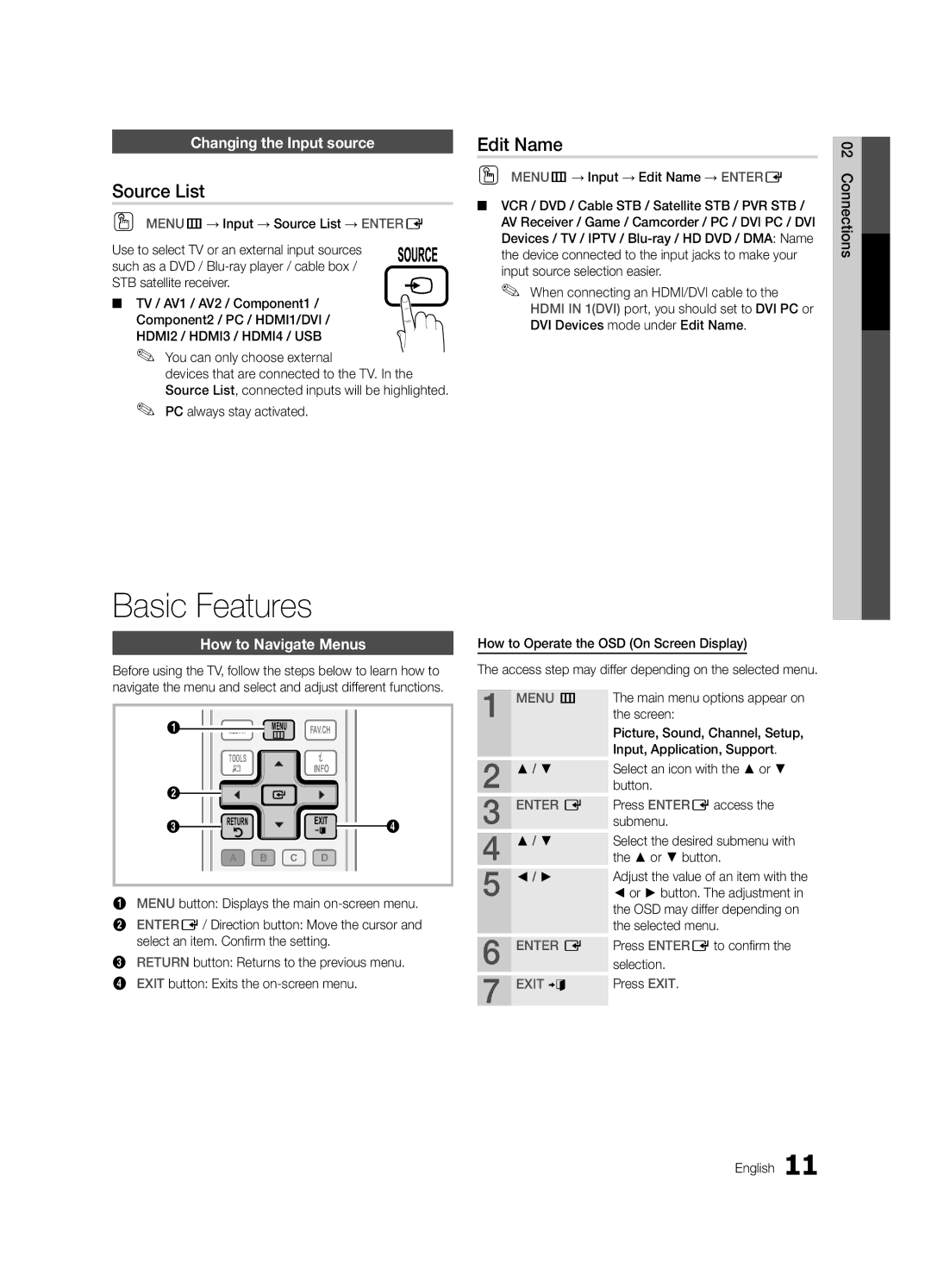 Samsung LC540-ZC, BN68-02756B-04 Basic Features, Source List, Edit Name, Changing the Input source, How to Navigate Menus 