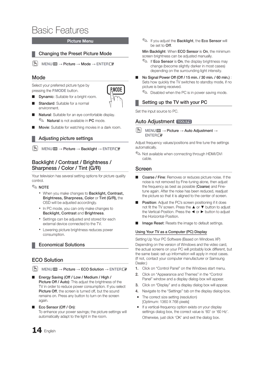 Samsung BN68-02756B-04, LC540-ZC user manual Mode, ECO Solution, Auto Adjustment t, Screen 