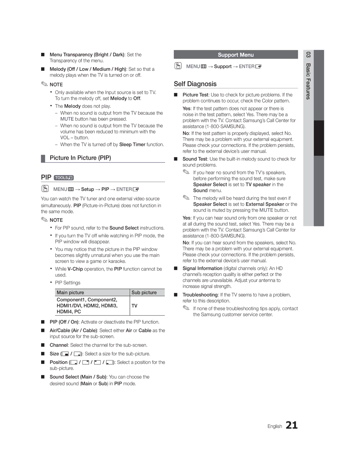 Samsung LC540-ZC, BN68-02756B-04 user manual PIP t, Self Diagnosis, Picture In Picture PIP, Support Menu 