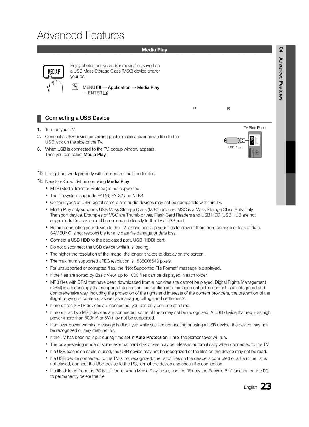 Samsung LC540-ZC, BN68-02756B-04 user manual Advanced Features, Connecting a USB Device, Media Play 