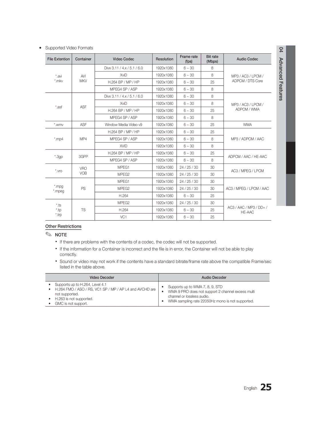 Samsung LC540-ZC, BN68-02756B-04 user manual Yy Supported Video Formats, Advanced Features English 