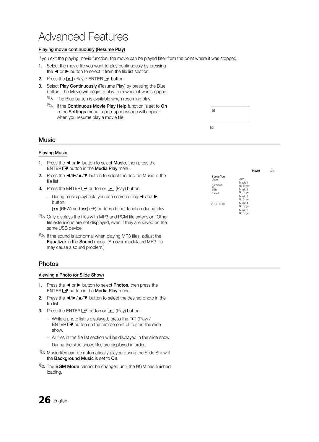 Samsung BN68-02756B-04, LC540-ZC user manual Music, Photos 