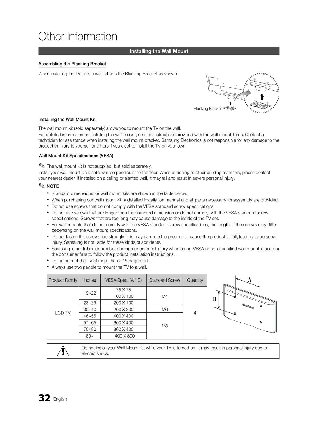 Samsung BN68-02756B-04, LC540-ZC Other Information, Installing the Wall Mount, Product Family Inches, Quantity, 80~ 