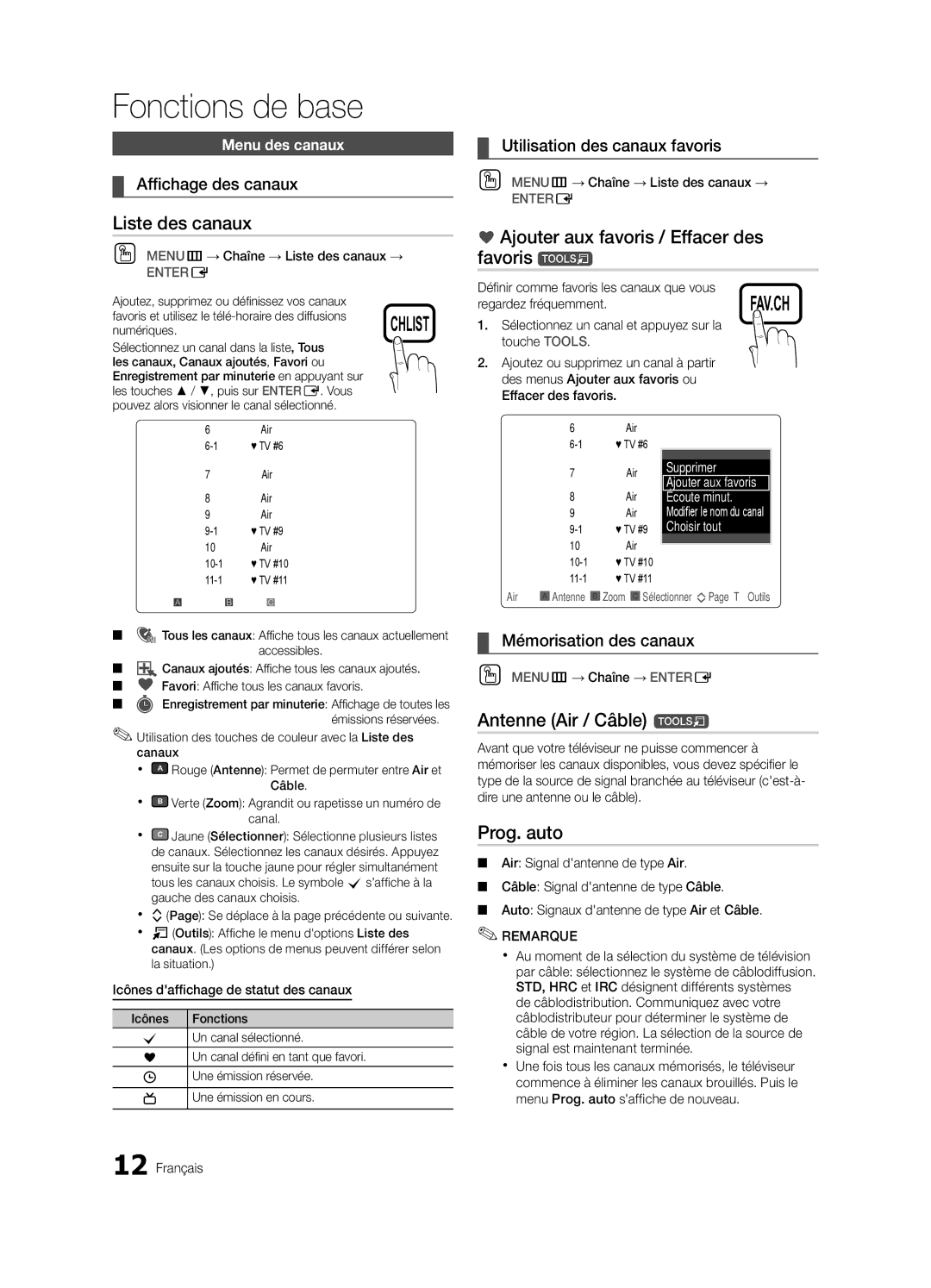 Samsung BN68-02756B-04 Liste des canaux, Ajouter aux favoris / Effacer des favoris t, Antenne Air / Câble t, Prog. auto 