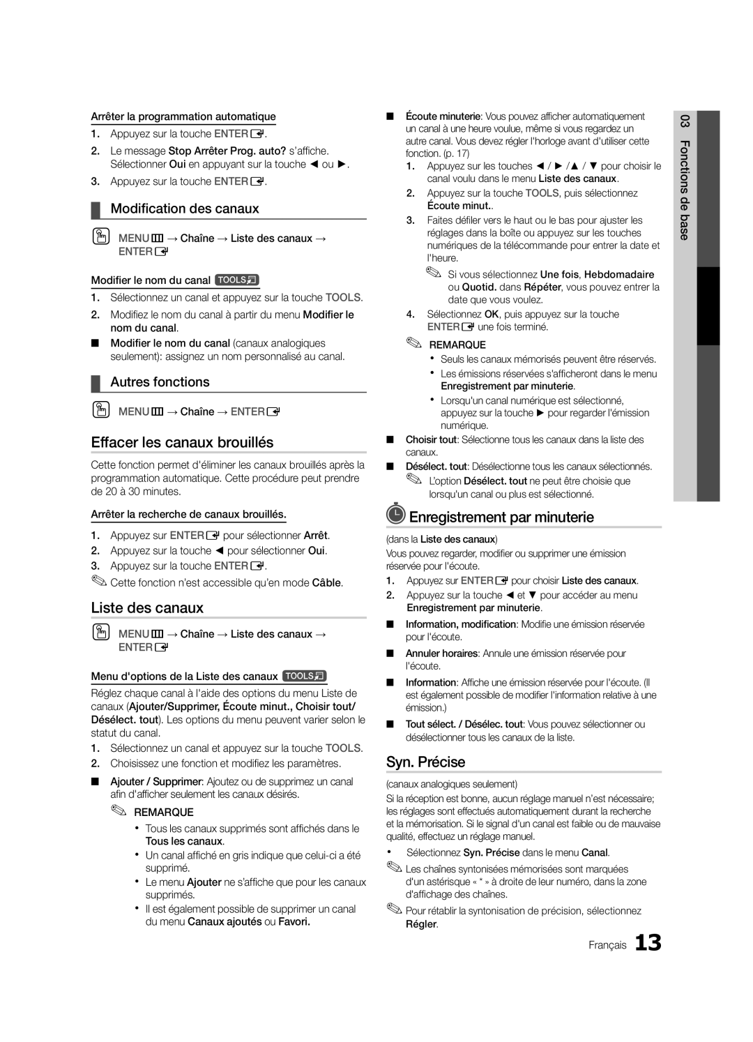 Samsung LC540-ZC Effacer les canaux brouillés, Enregistrement par minuterie, Syn. Précise, Modification des canaux 