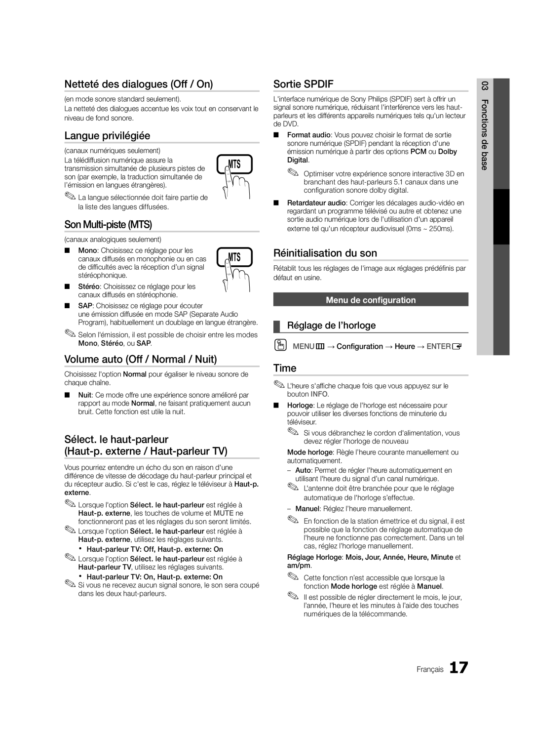 Samsung LC540-ZC Netteté des dialogues Off / On, Langue privilégiée, Son Multi-piste MTS, Volume auto Off / Normal / Nuit 