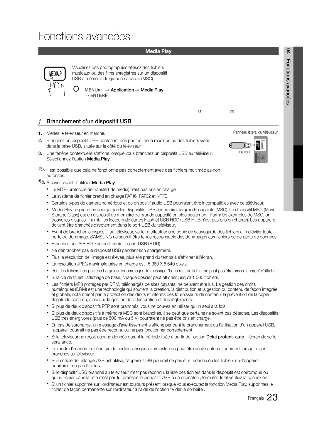 Samsung LC540-ZC Fonctions avancées, Branchement d’un dispositif USB, Visualisez des photographies et lisez des fichiers 