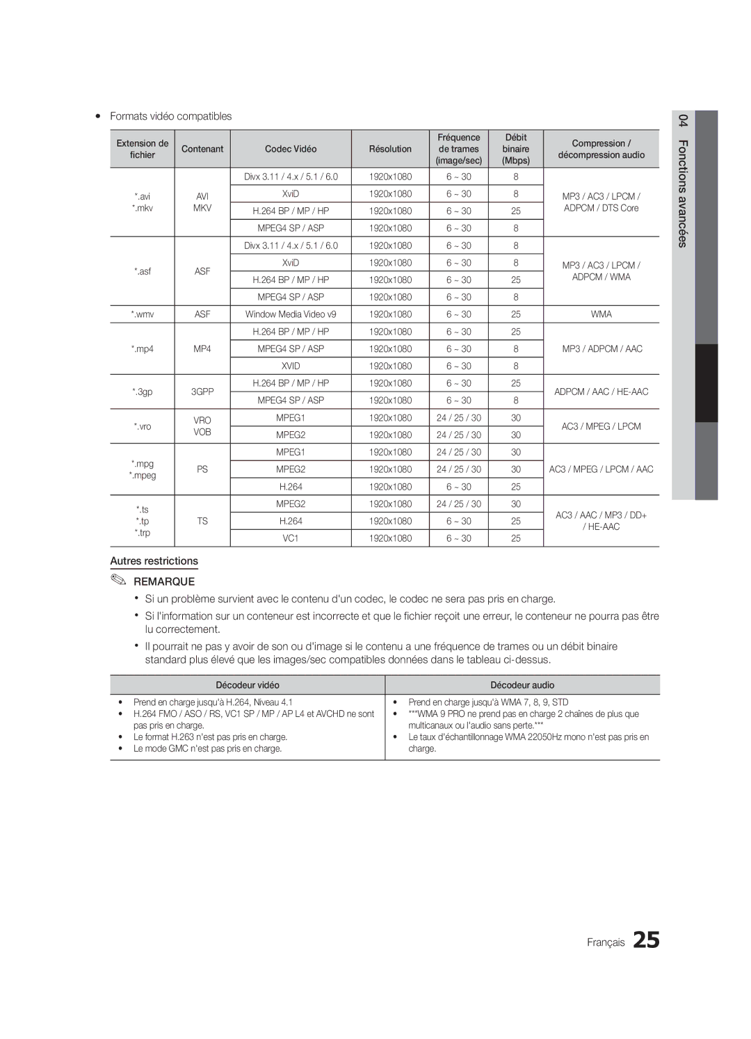 Samsung LC540-ZC, BN68-02756B-04 user manual Yy Formats vidéo compatibles, Autres restrictions, Fonctions avancées Français 