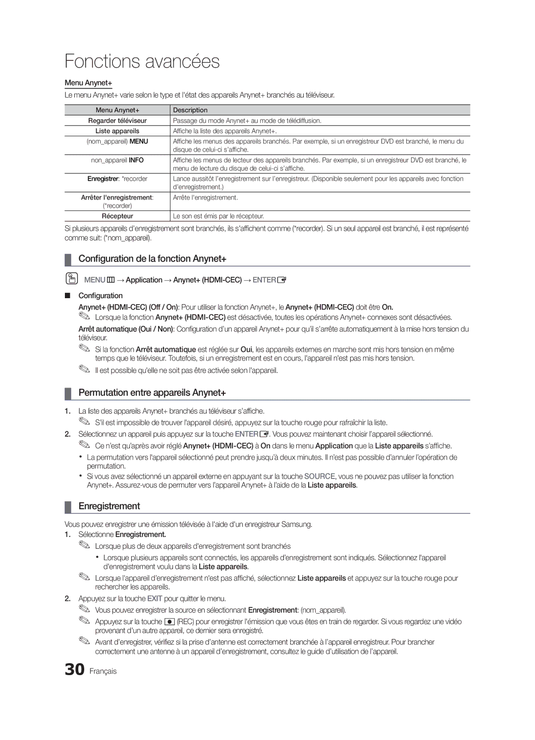 Samsung BN68-02756B-04, LC540-ZC Configuration de la fonction Anynet+, Permutation entre appareils Anynet+, Enregistrement 