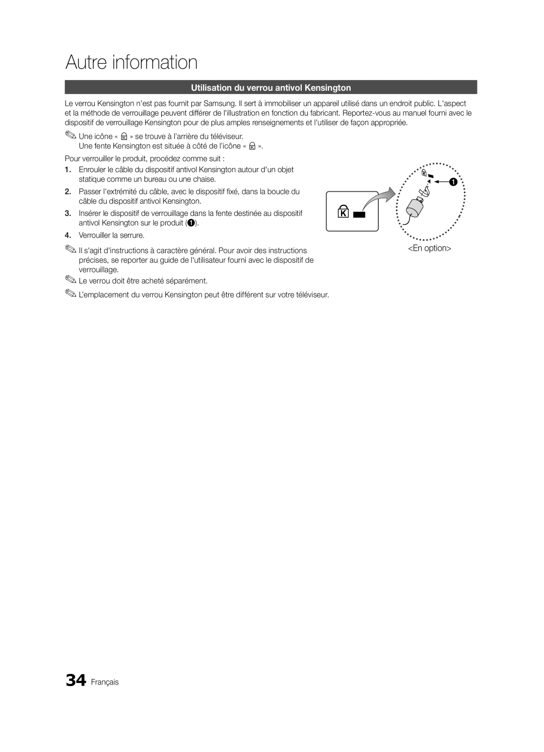 Samsung BN68-02756B-04, LC540-ZC user manual Utilisation du verrou antivol Kensington 