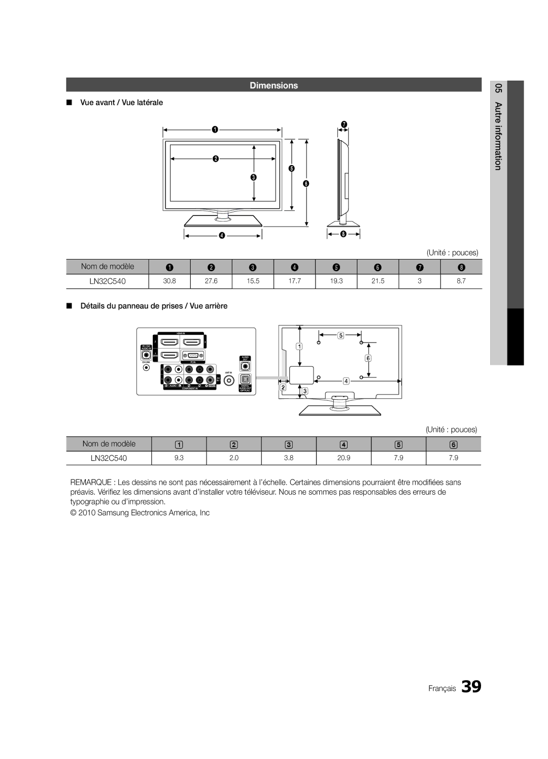 Samsung LC540-ZC, BN68-02756B-04 user manual Vue avant / Vue latérale, Nom de modèle LN32C540 20.9 