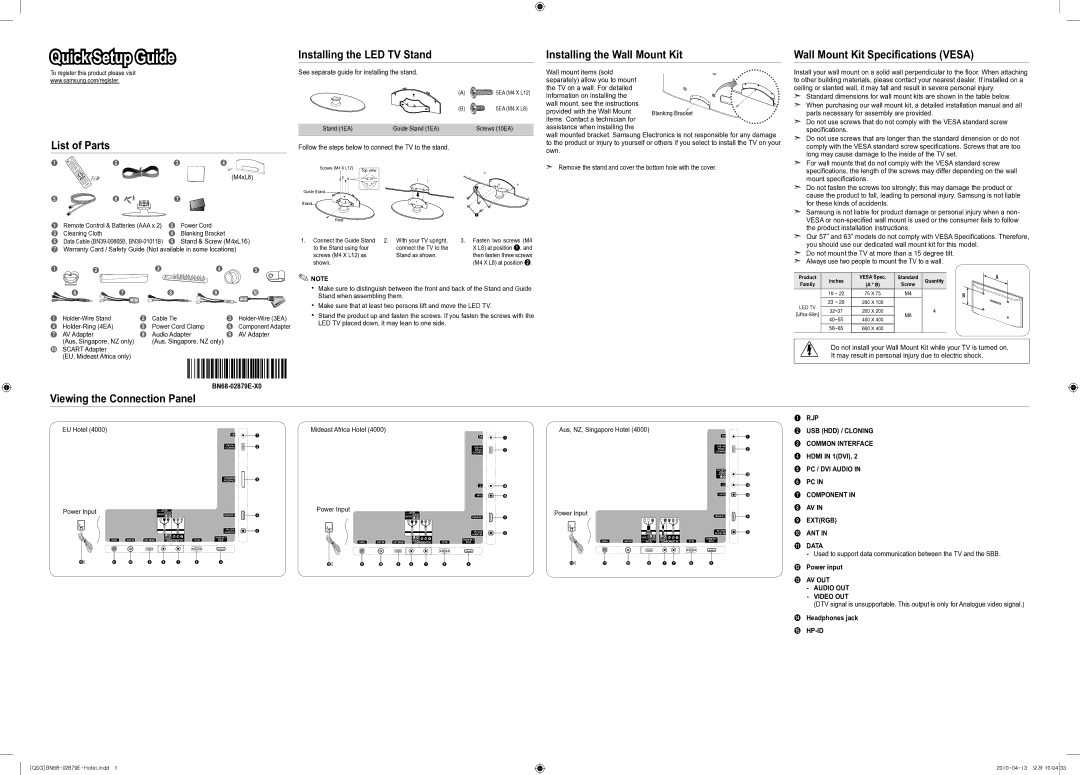 Samsung BN68-02879E-X0 setup guide Installing the Wall Mount Kit, Wall Mount Kit Specifications Vesa, List of Parts 