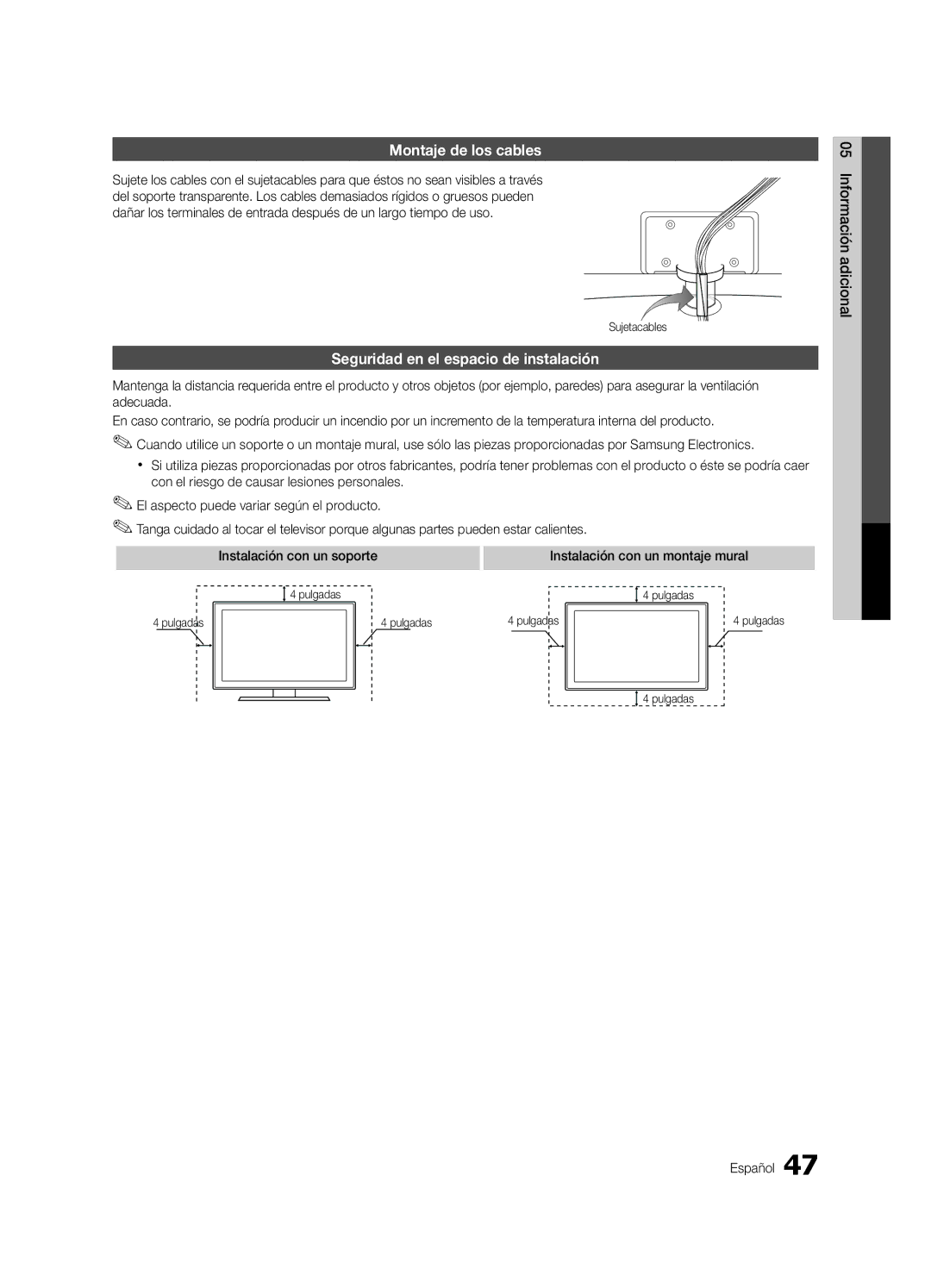 Samsung PC550-NA Montaje de los cables, Seguridad en el espacio de instalación, Instalación con un montaje mural, Pulgadas 
