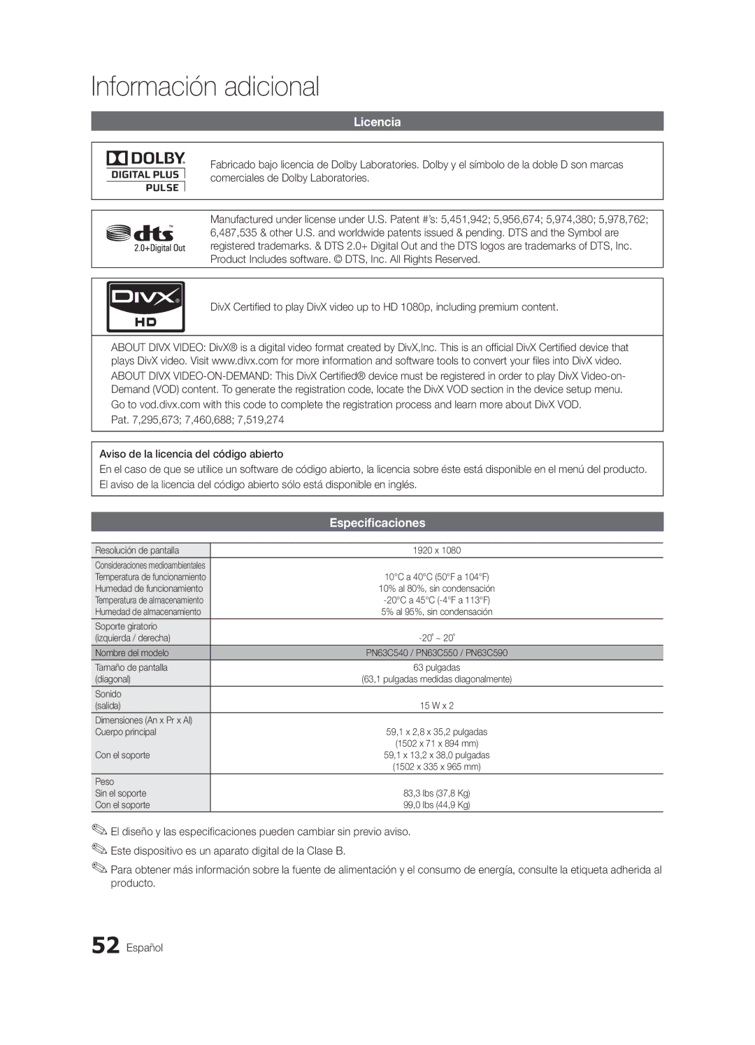 Samsung PC550-NA, BN68-02900A-05, Series r5+ 540, Series r5+ 550, Series r5+ 590 user manual Licencia, Especificaciones 