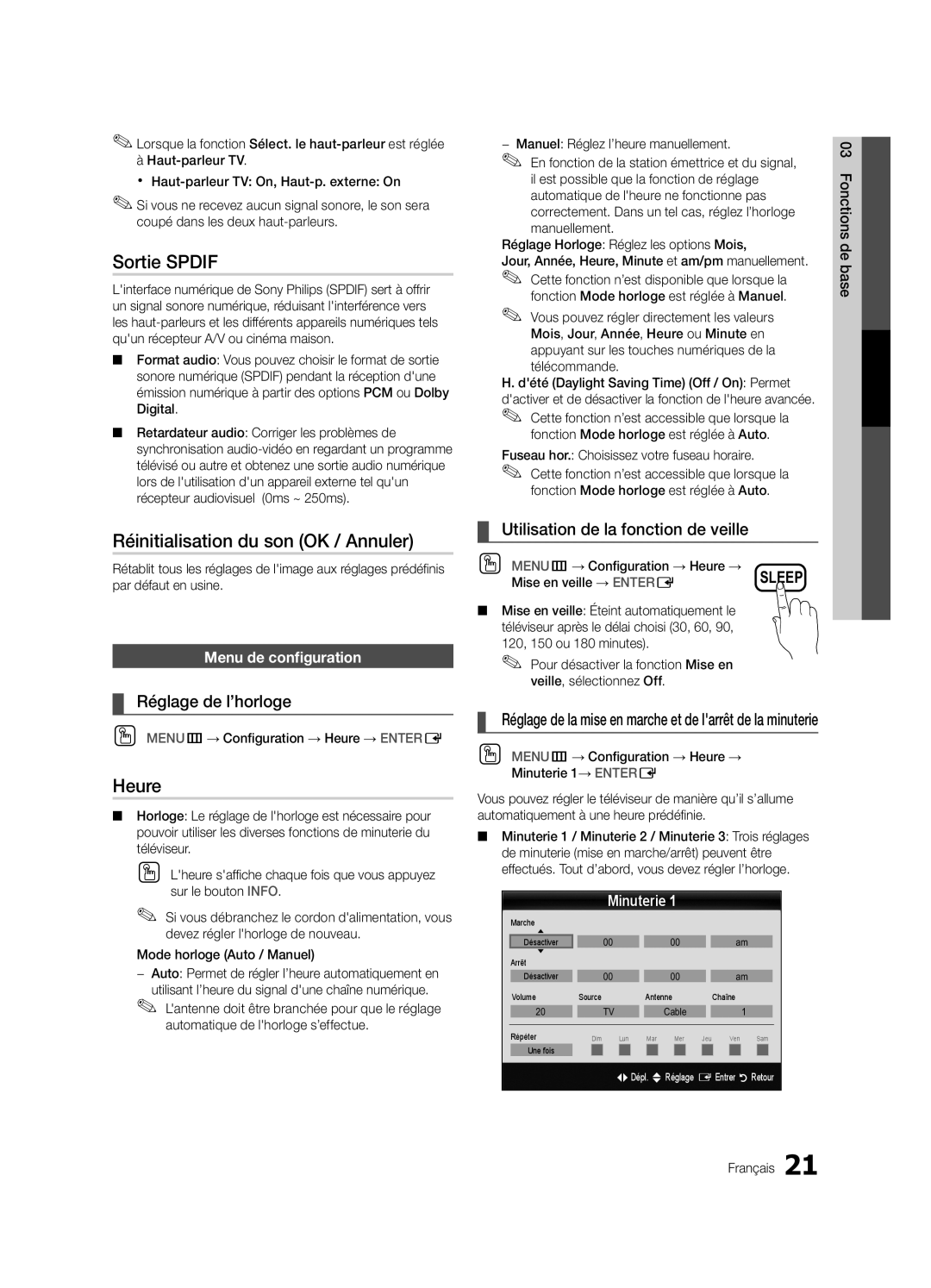 Samsung Series r5+ 590, BN68-02900A-05 Sortie Spdif, Réinitialisation du son OK / Annuler, Heure, Réglage de l’horloge 