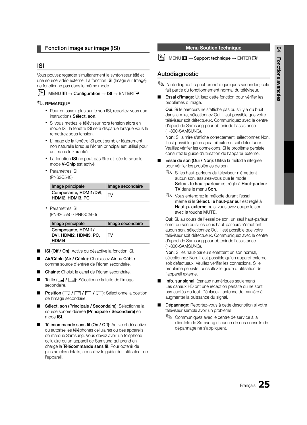 Samsung Series r5+ 550, BN68-02900A-05, PC550-NA Autodiagnostic, Fonction image sur image ISI, Menu Soutien technique 