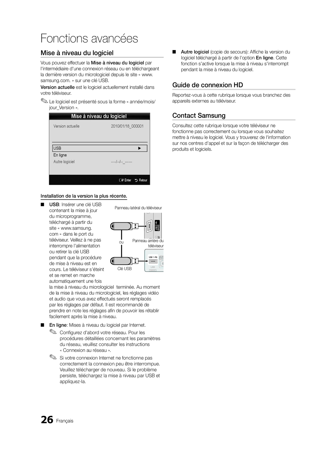 Samsung Series r5+ 590, BN68-02900A-05, PC550-NA Fonctions avancées, Mise à niveau du logiciel, Guide de connexion HD 