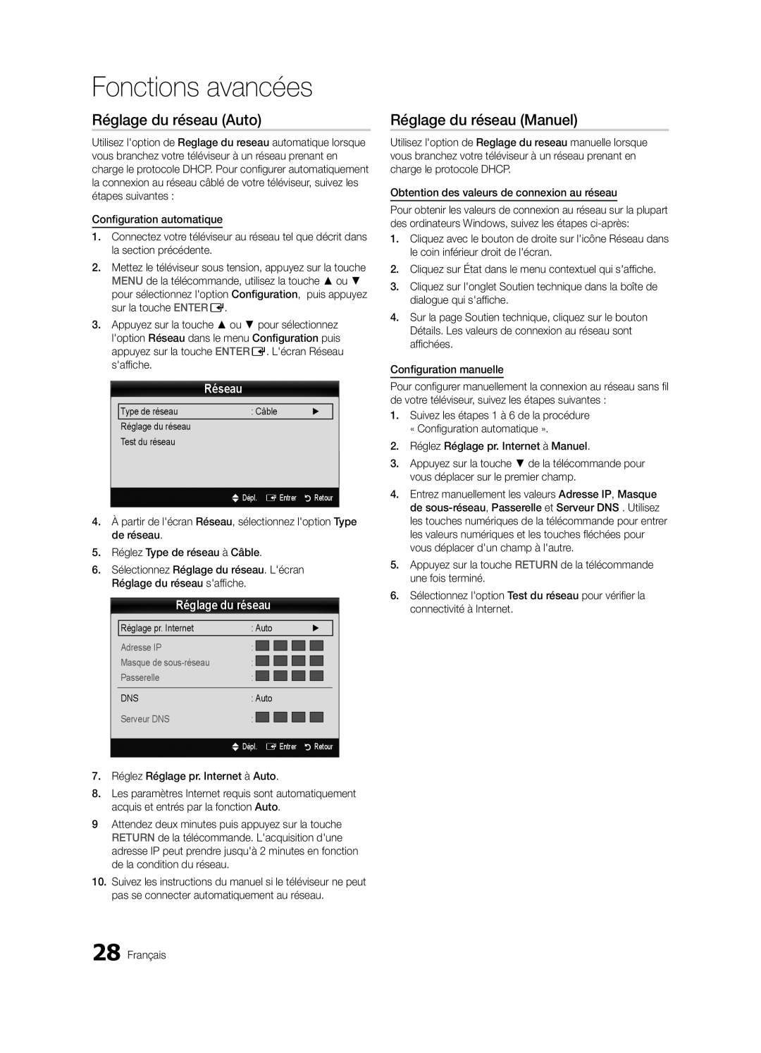 Samsung PC550-NA user manual Réglage du réseau Auto, Réglage du réseau Manuel, Réseau, Réglez Réglage pr. Internet à Auto 