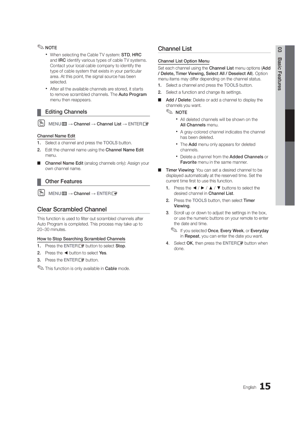 Samsung BN68-02900A-05, PC550-NA Clear Scrambled Channel, Editing Channels, Other Features, Channel List Option Menu 