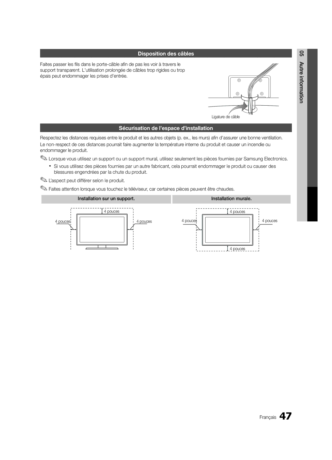 Samsung BN68-02900A-05, PC550-NA, Series r5+ 540 Disposition des câbles, Sécurisation de l’espace d’installation, Pouces 