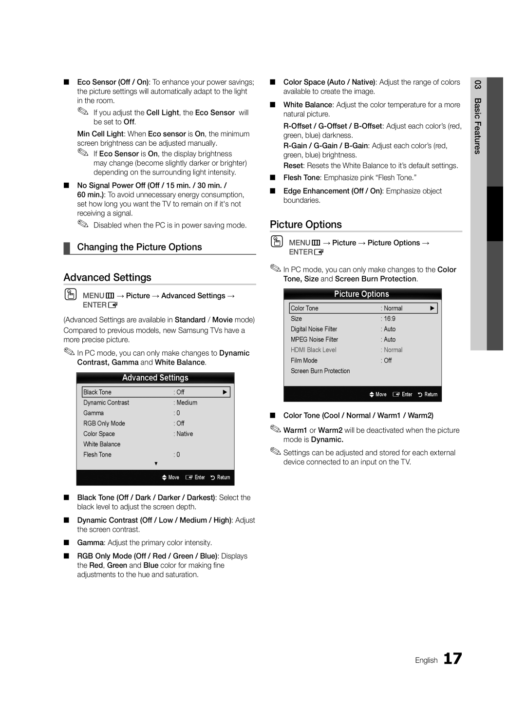 Samsung Series r5+ 540, BN68-02900A-05, PC550-NA, Series r5+ 550 Advanced Settings, Changing the Picture Options 