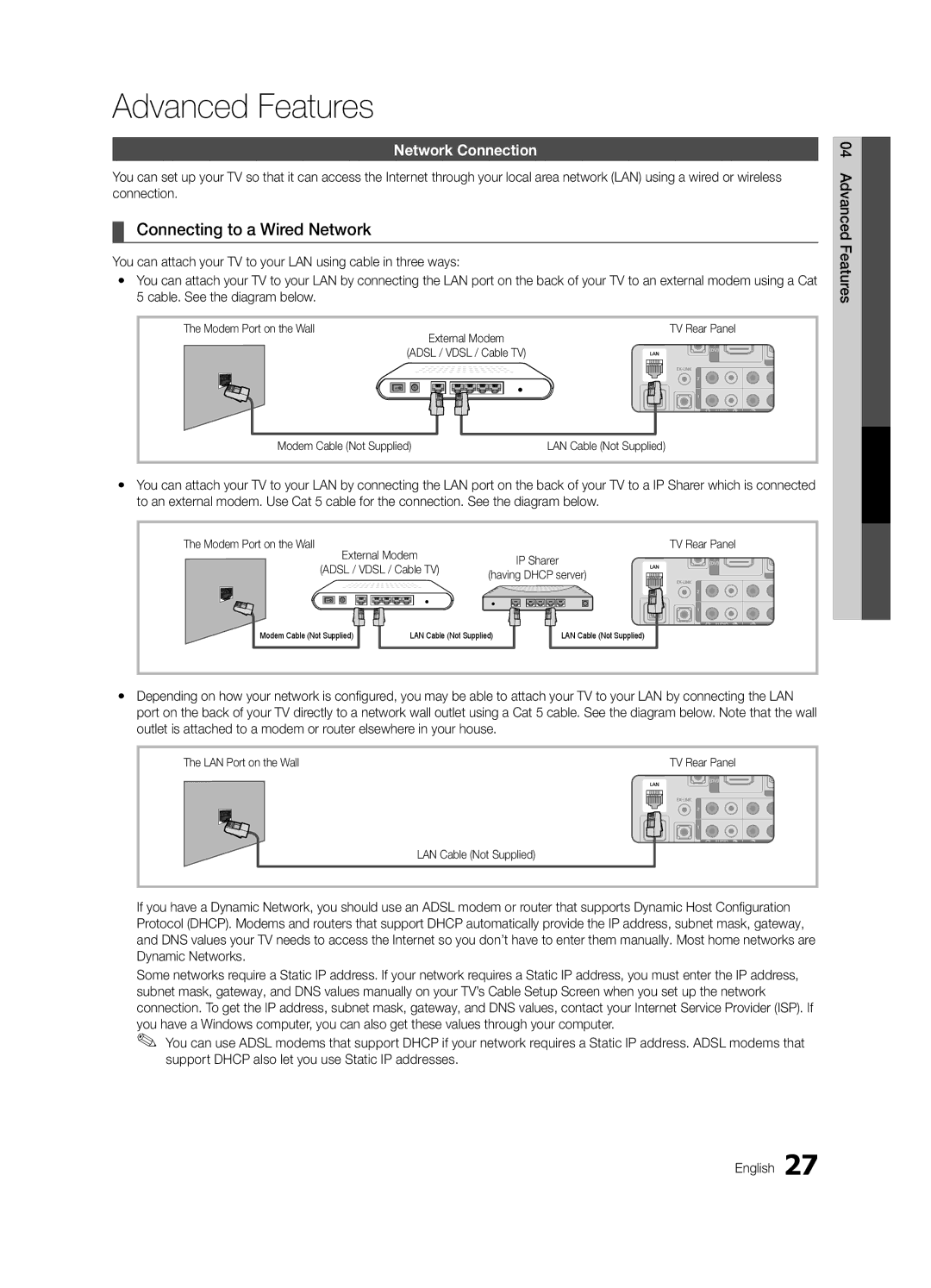 Samsung Series r5+ 540 Connecting to a Wired Network, Network Connection, Modem Port on the Wall, LAN Cable Not Supplied 