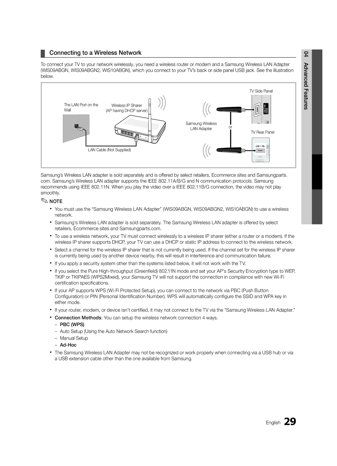 Samsung Series r5+ 590 Connecting to a Wireless Network, Features, LAN Port on the Wall TV Side Panel, Samsung Wireless 