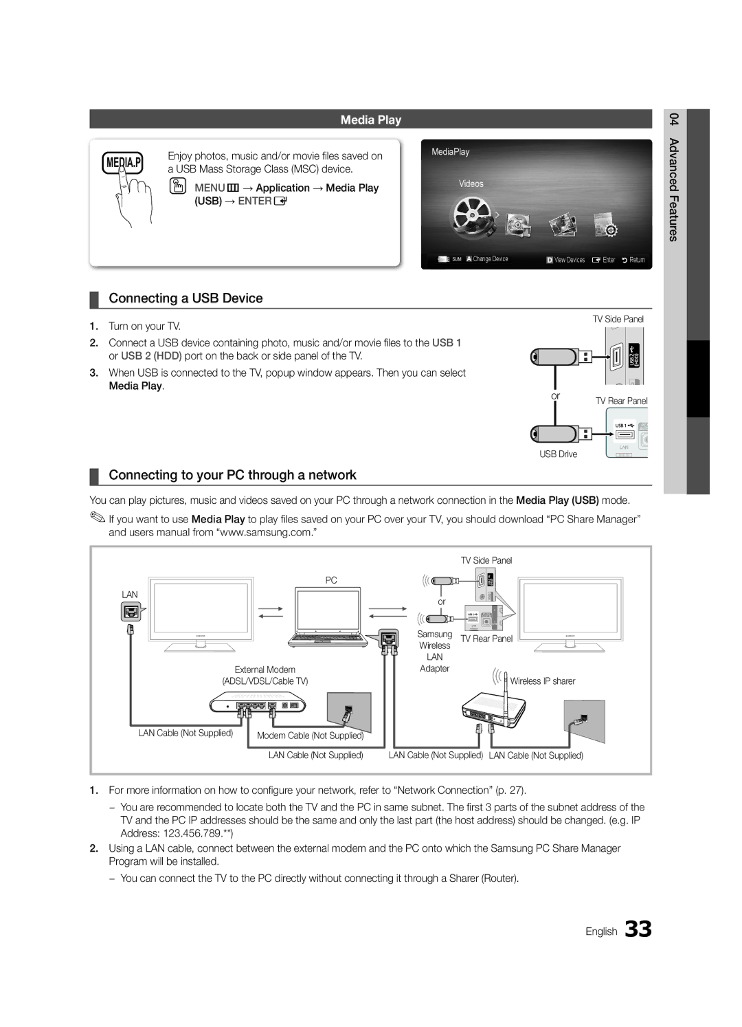 Samsung Series r5+ 550 Connecting a USB Device, Connecting to your PC through a network, USB Mass Storage Class MSC device 