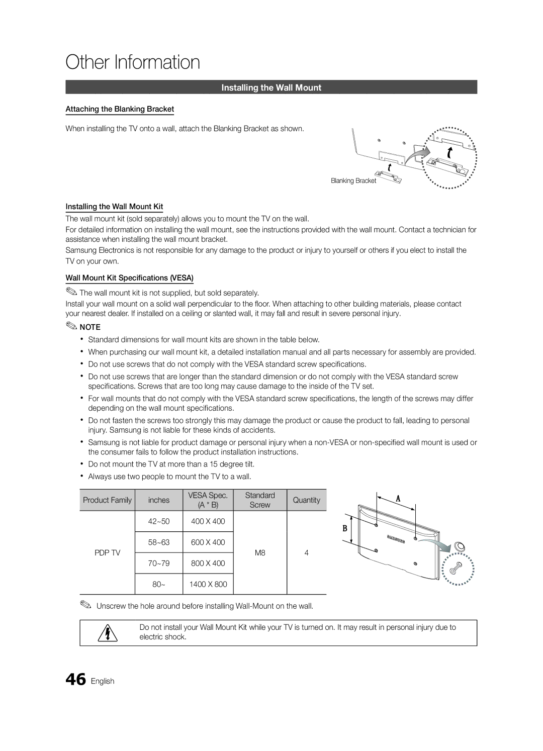 Samsung PC550-NA Other Information, Installing the Wall Mount, Product Family Inches Vesa Spec Standard Quantity 