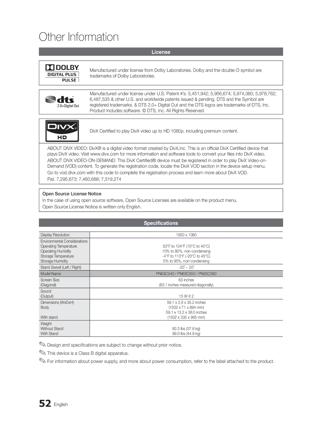 Samsung Series r5+ 540, BN68-02900A-05, PC550-NA, Series r5+ 550, Series r5+ 590 user manual License, Specifications 