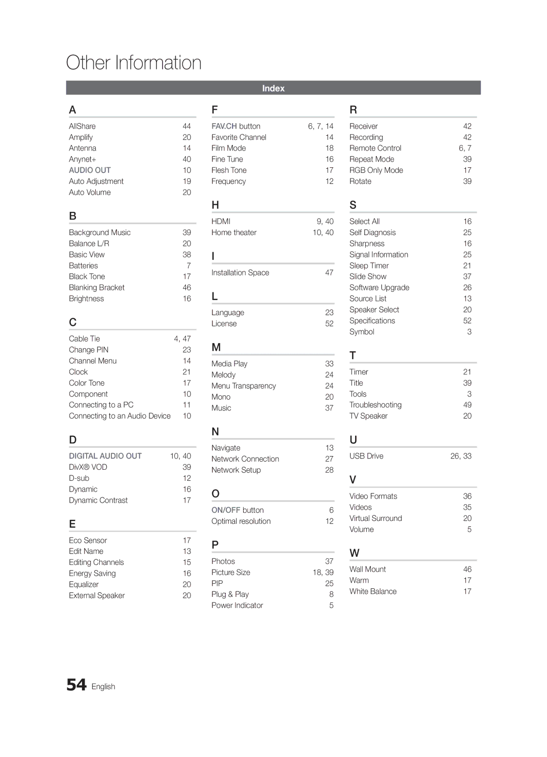 Samsung Series r5+ 590 Index, AllShare Amplify Antenna Anynet+, Favorite Channel Film Mode Fine Tune Flesh Tone Frequency 