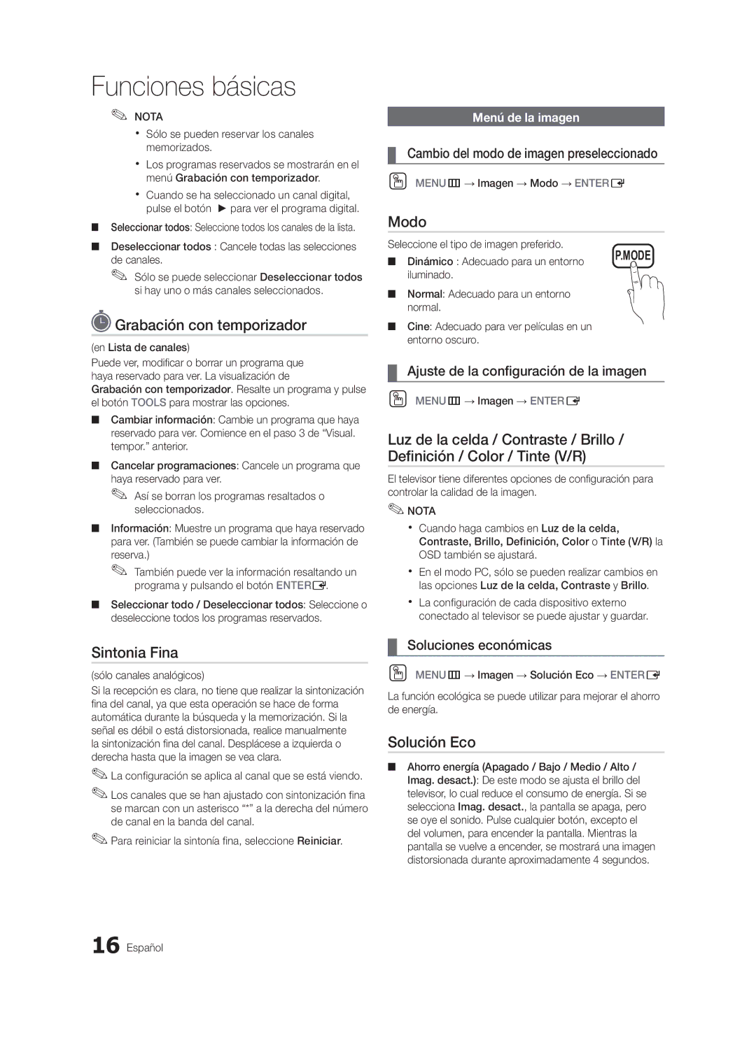 Samsung BN68-02900A-05, PC550-NA, Series r5+ 540 user manual Grabación con temporizador, Modo, Sintonia Fina, Solución Eco 