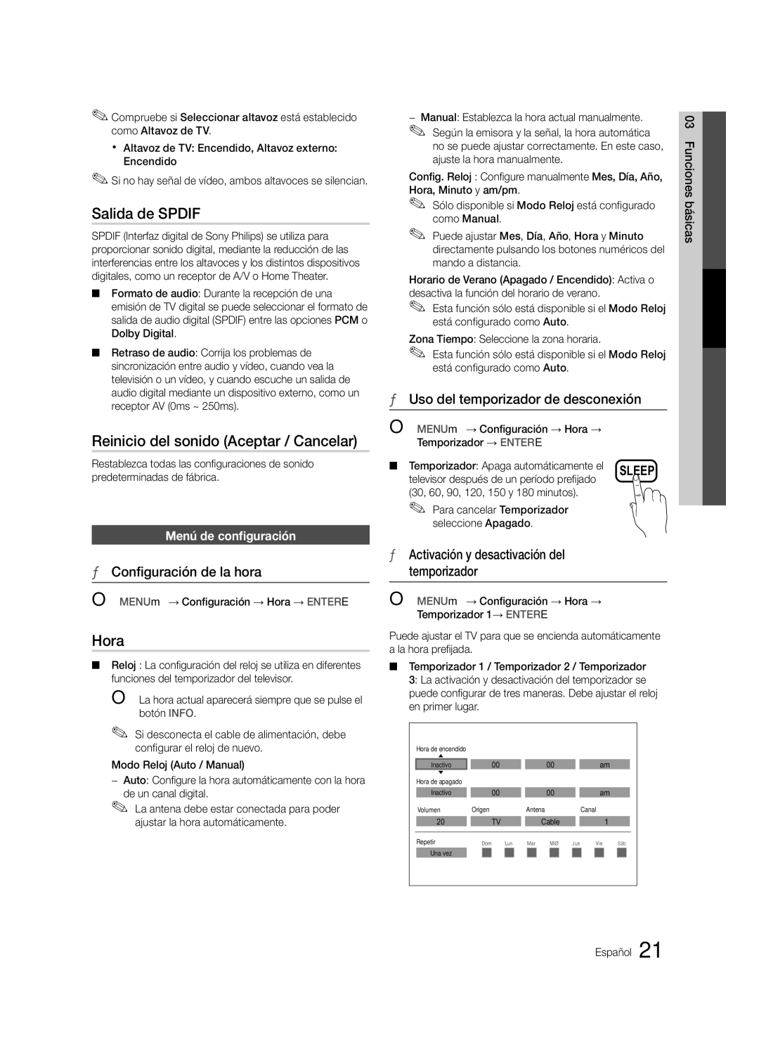 Samsung BN68-02900A-05, PC550-NA, Series r5+ 540 user manual Salida de Spdif, Reinicio del sonido Aceptar / Cancelar, Hora 