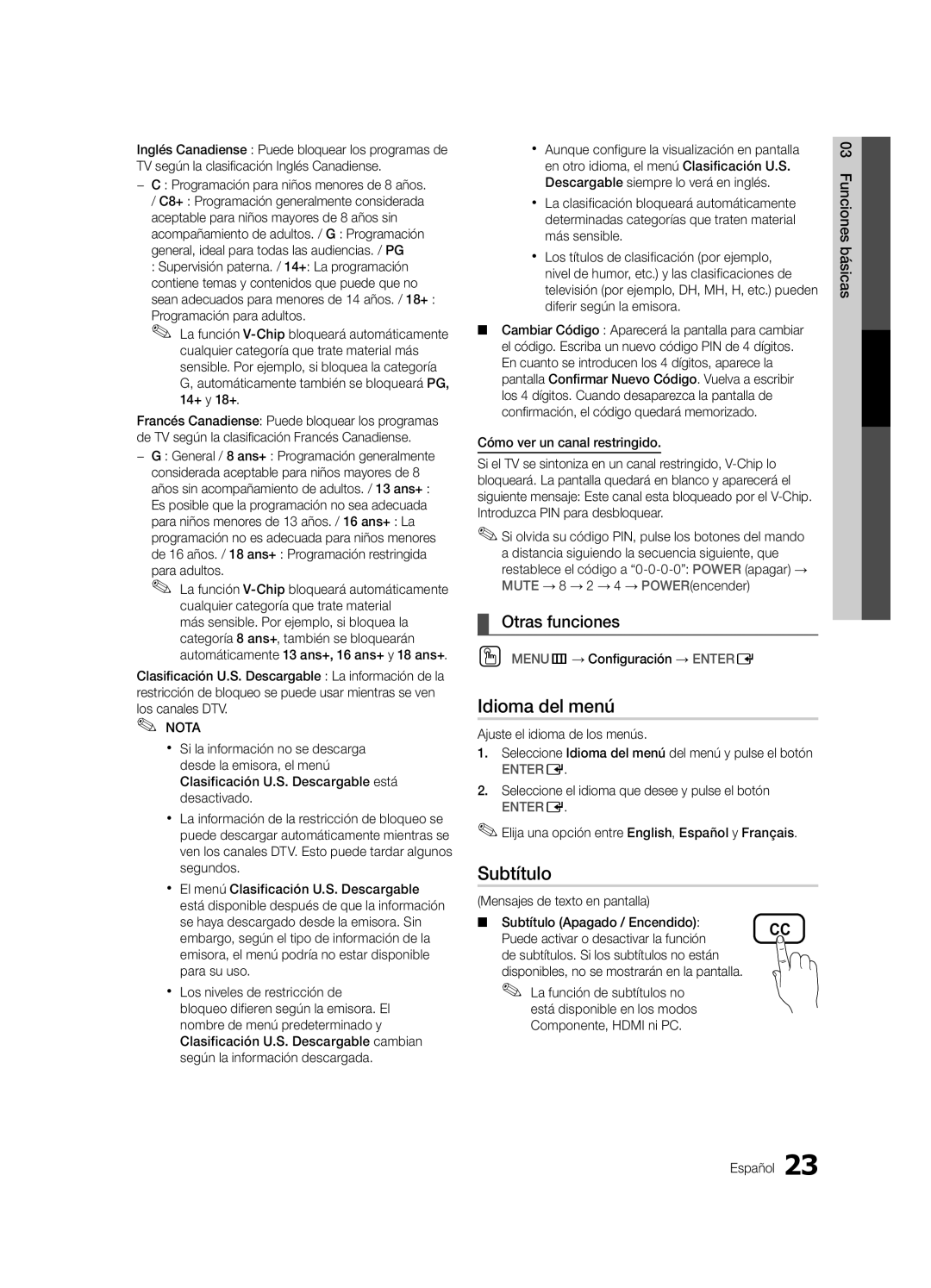 Samsung Series r5+ 540, BN68-02900A-05, PC550-NA, Series r5+ 550, Series r5+ 590 user manual Idioma del menú, Subtítulo 