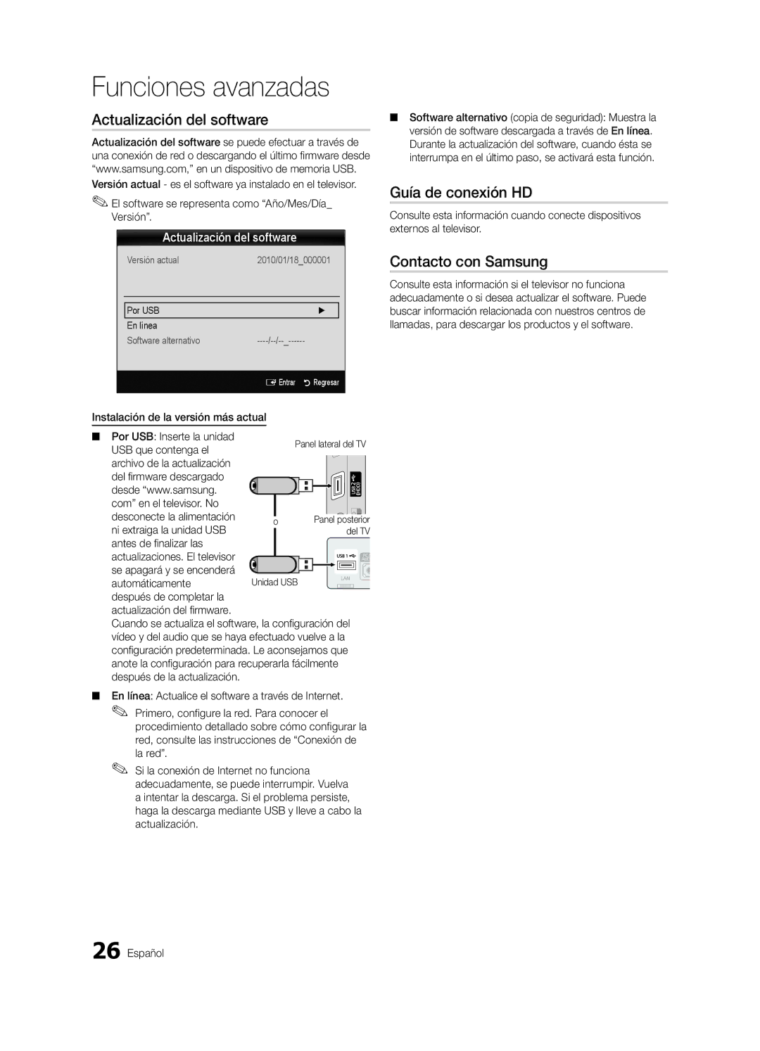 Samsung BN68-02900A-05 Funciones avanzadas, Actualización del software, Guía de conexión HD, Contacto con Samsung 