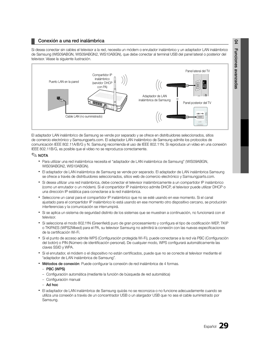 Samsung Series r5+ 550 Conexión a una red inalámbrica, Funciones, Avanzadas, Televisor. Véase la siguiente ilustración 