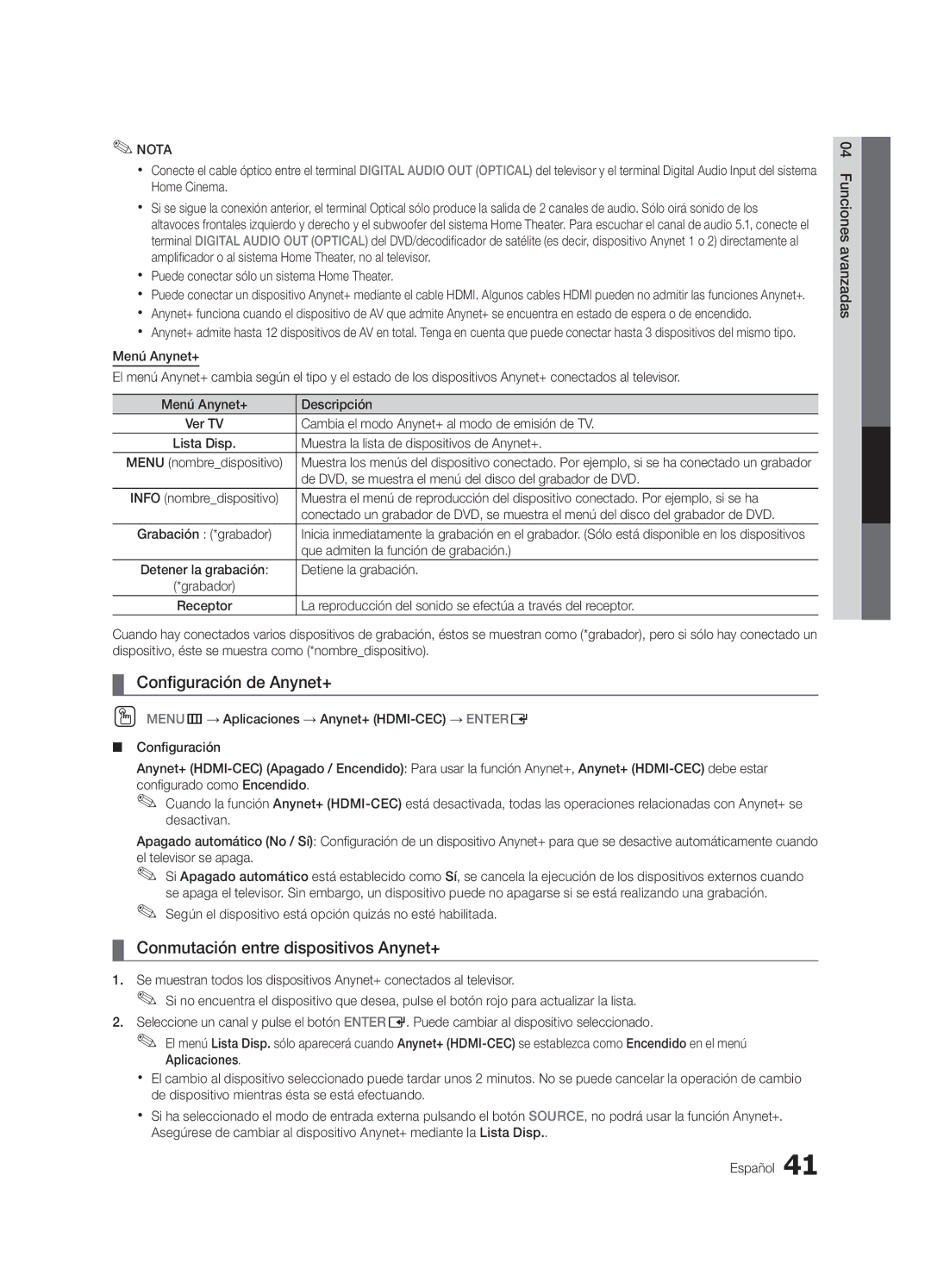 Samsung BN68-02900A-05, PC550-NA, Series r5+ 540 user manual Configuración de Anynet+, Conmutación entre dispositivos Anynet+ 