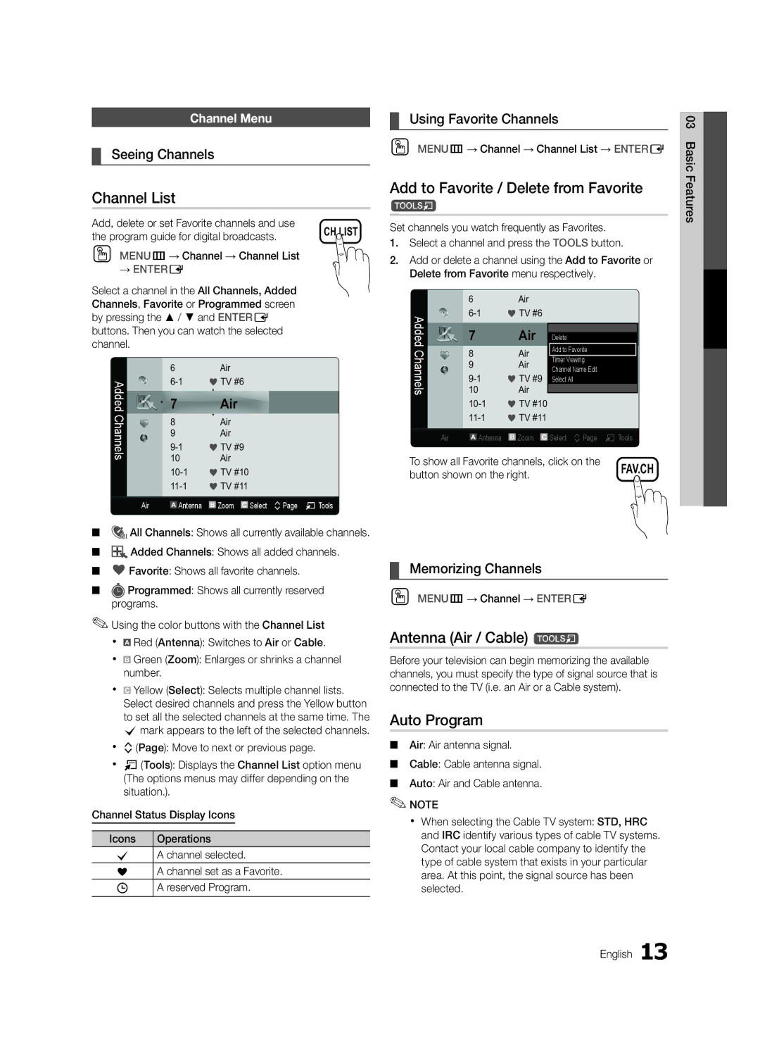 Samsung UN46C6800 user manual Channel List, Add to Favorite / Delete from Favorite, Antenna Air / Cable t, Auto Program 