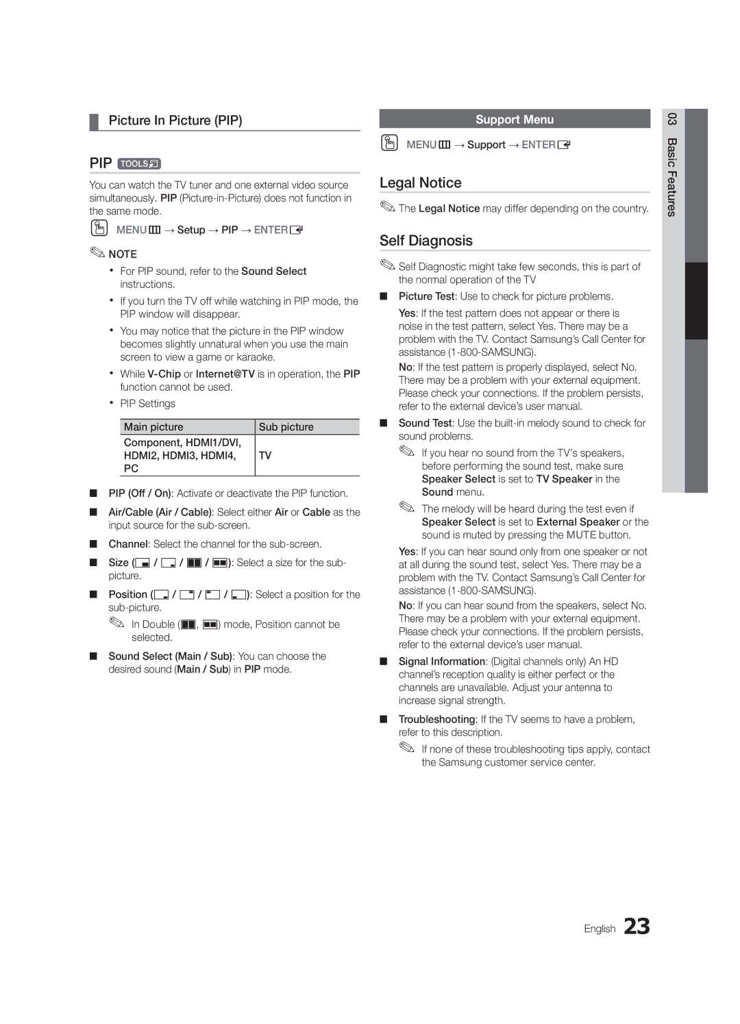 Samsung UN46C6800, BN68-02910A-02 user manual PIP t, Legal Notice, Self Diagnosis, Picture In Picture PIP, Support Menu 