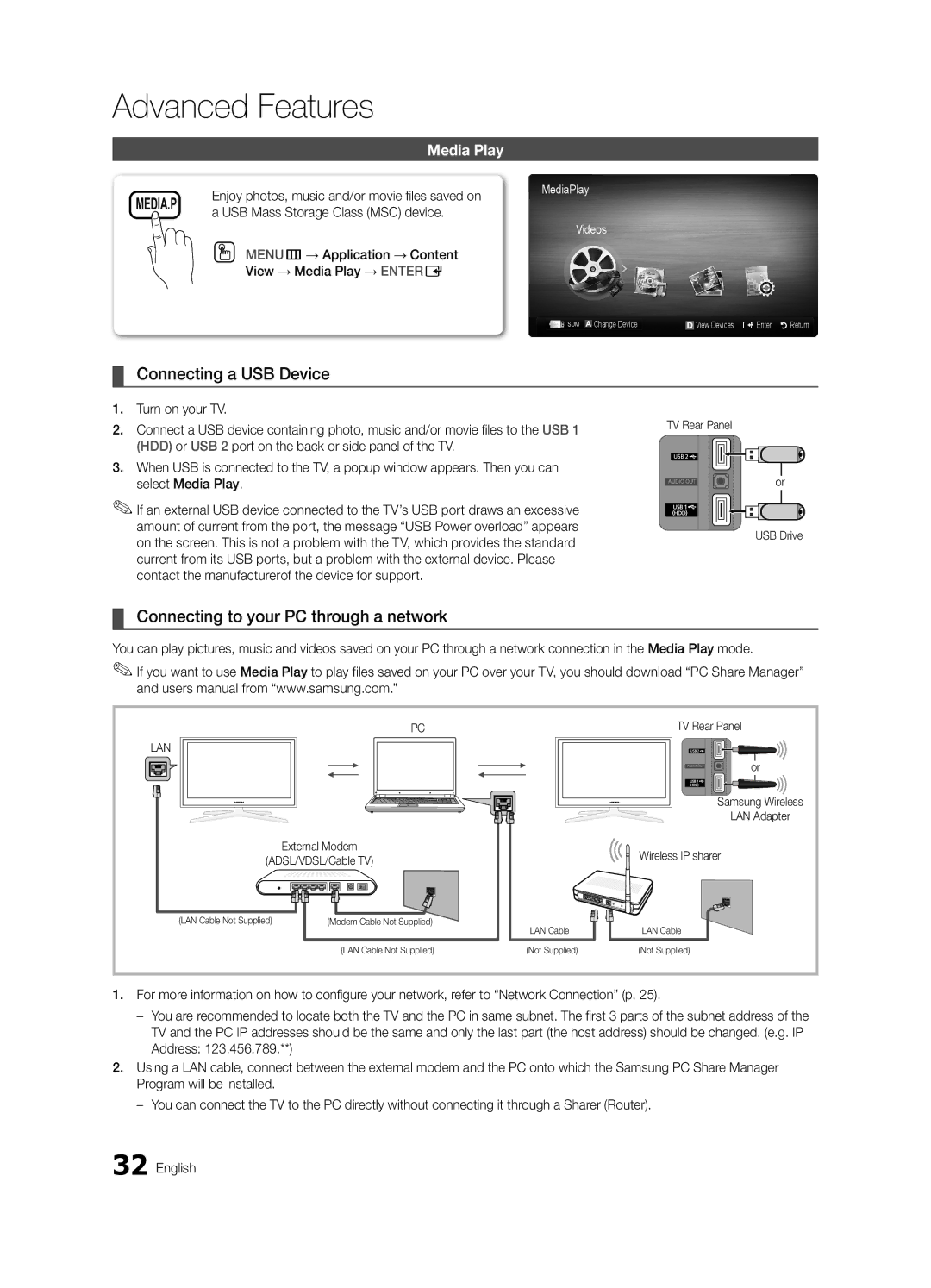 Samsung BN68-02910A-02, UN46C6800 user manual Connecting a USB Device, Connecting to your PC through a network, Media Play 