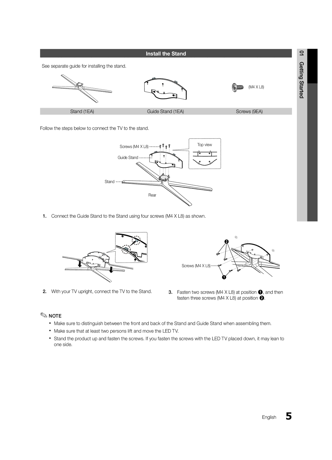 Samsung UN46C6800 user manual Install the Stand, See separate guide for installing the stand, Stand 1EA Guide Stand 1EA 