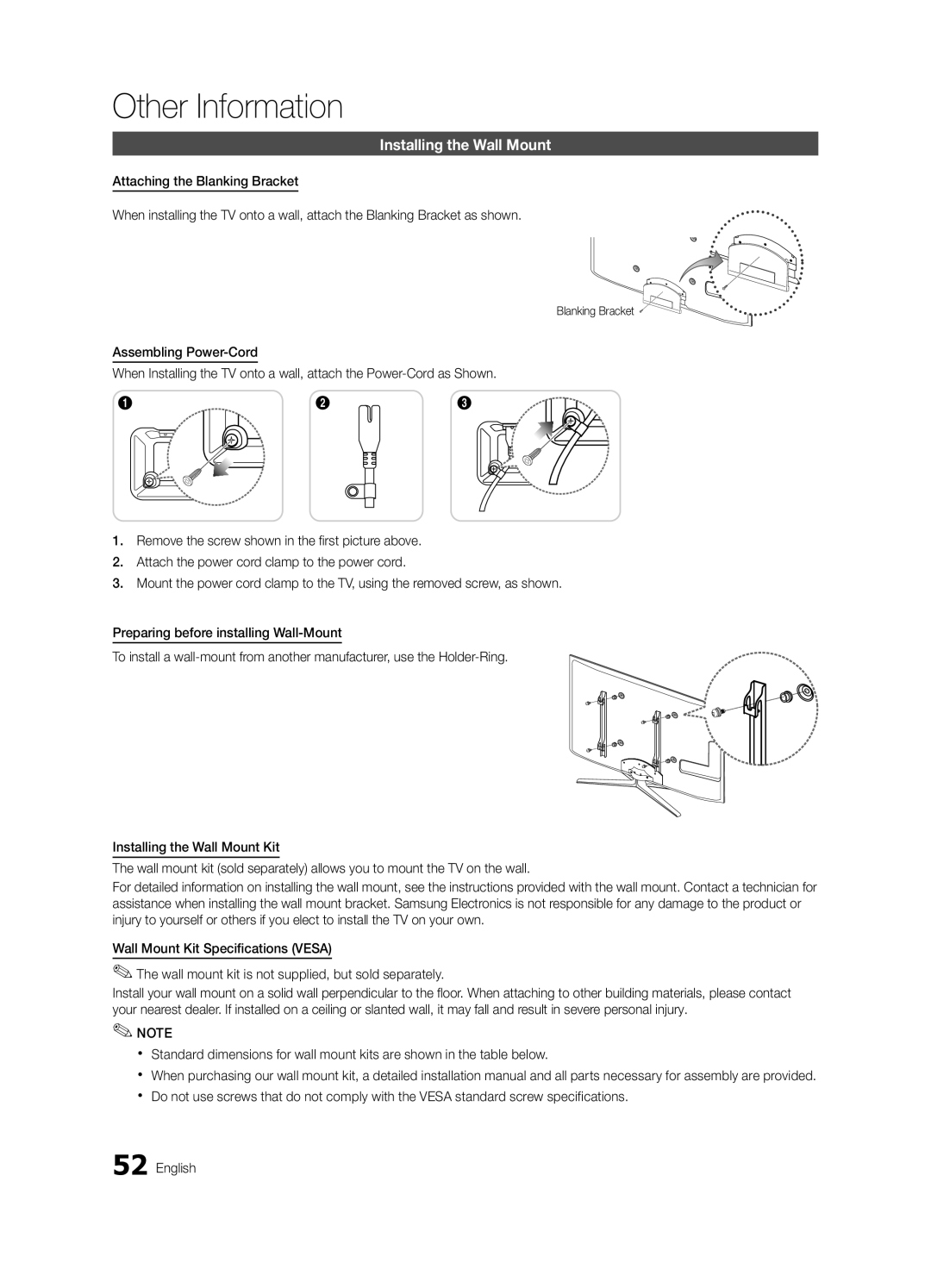 Samsung BN68-02910A-02, UN46C6800 user manual Installing the Wall Mount, Blanking Bracket 