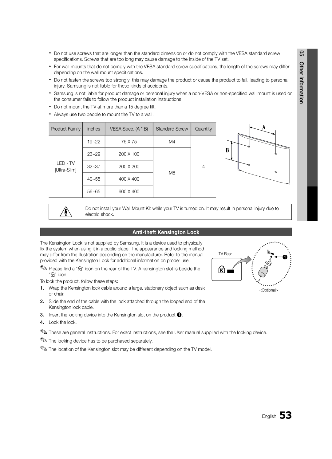 Samsung UN46C6800, BN68-02910A-02 user manual Anti-theft Kensington Lock 