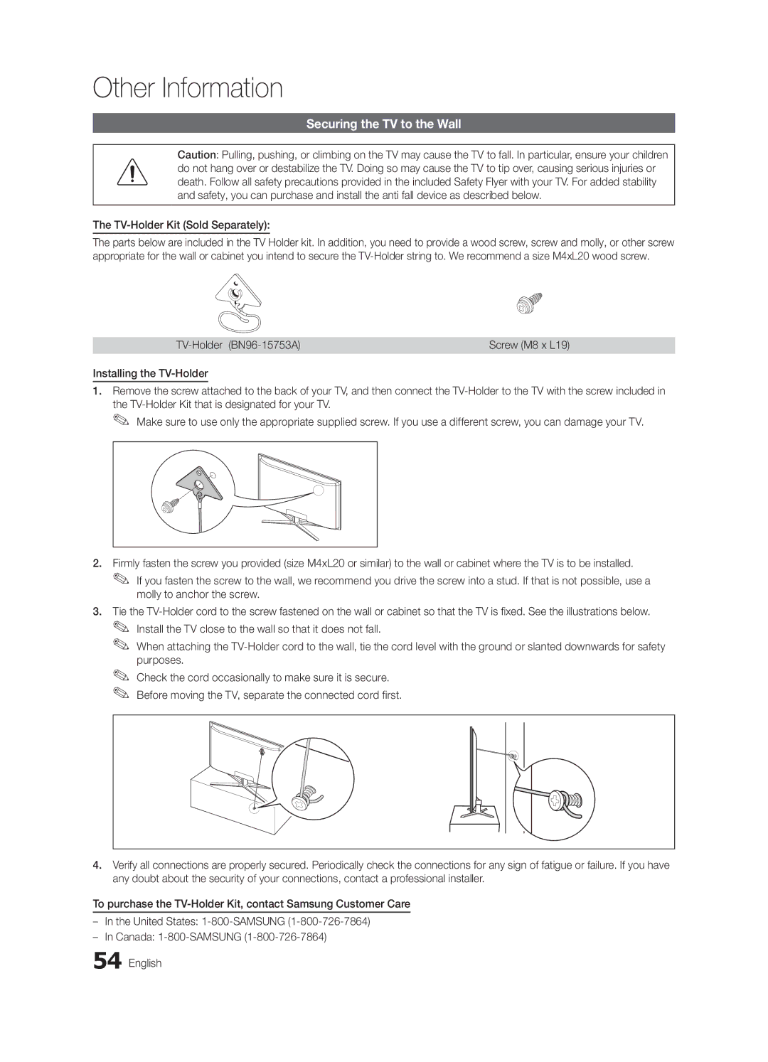 Samsung BN68-02910A-02 Securing the TV to the Wall, TV-Holder Kit Sold Separately, TV-Holder BN96-15753A, Screw M8 x L19 