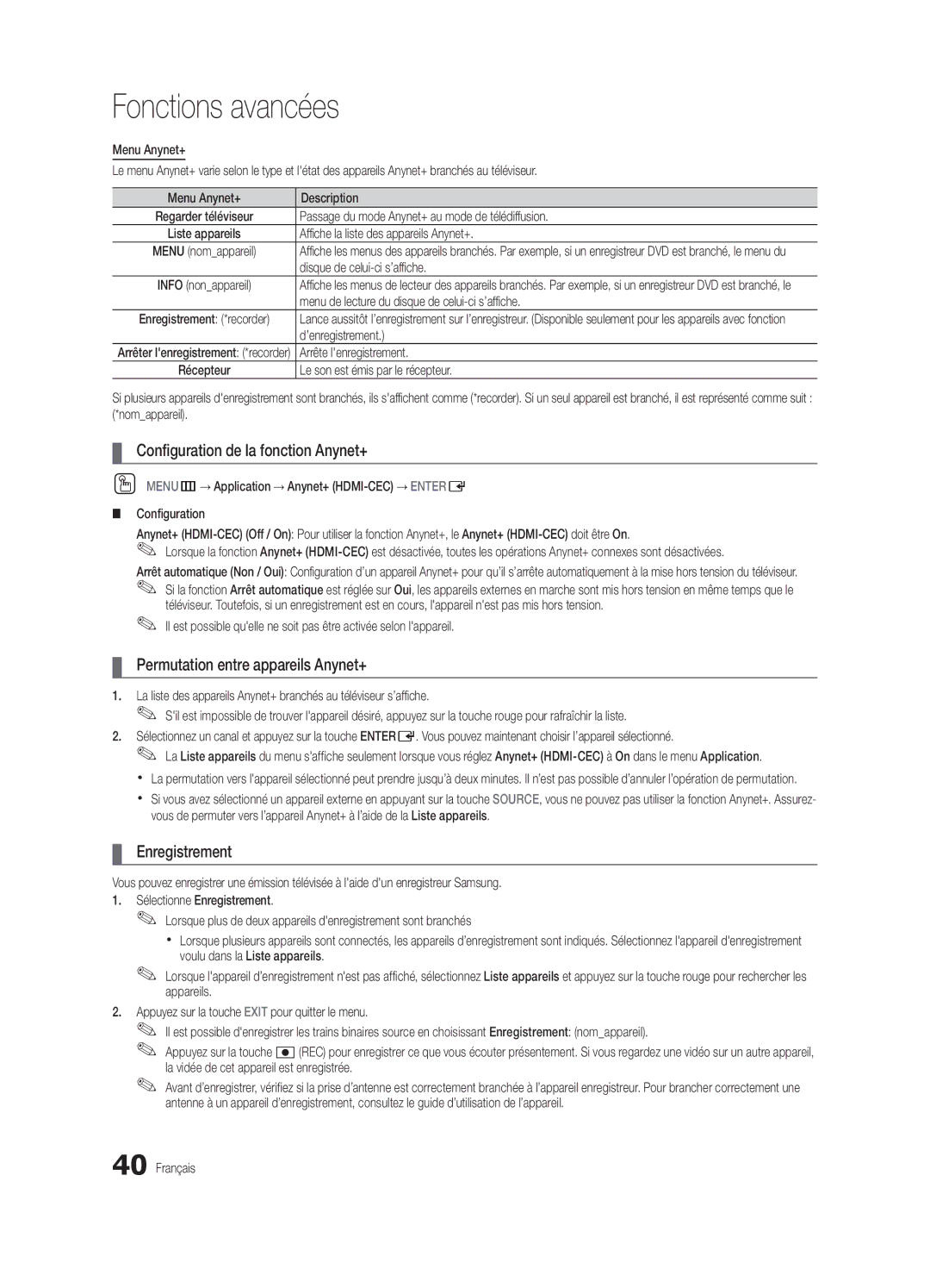 Samsung BN68-02910B-03, UC6800 Configuration de la fonction Anynet+, Permutation entre appareils Anynet+, Enregistrement 